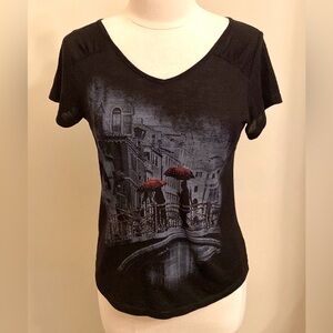 Christopher & Banks Petite SP Black Whimsical Walking In The Rain Graphic Top